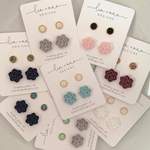 Mini Druzy + Succlent Earring Studs // Two Pair Set // Flower Earring + Mini Sparkle