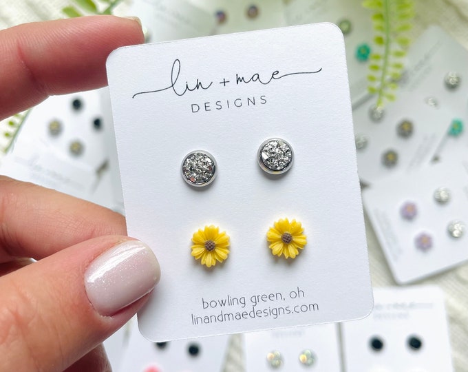 Featured listing image: Daisy & Druzy Earring Set, Petite Stainless Steel Studs