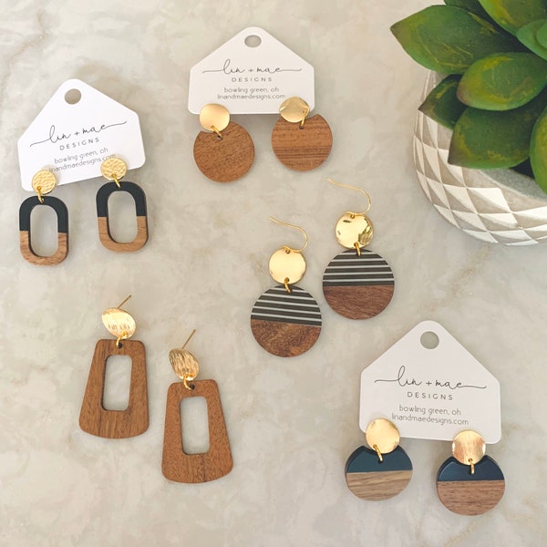 Lyla Collection // Modern Statement Earrings // Acrylic / Wood / Gold // Classy Earrings // Lightweight Statement Earrings