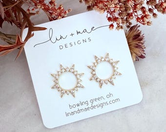 Gold Sunshine Stud Earrings, Geometric Celestial Jewelry