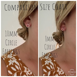 May include: Comparison size chart for circle earrings. The image shows two women wearing earrings, one with 10mm circle earrings and the other with 8mm circle earrings.