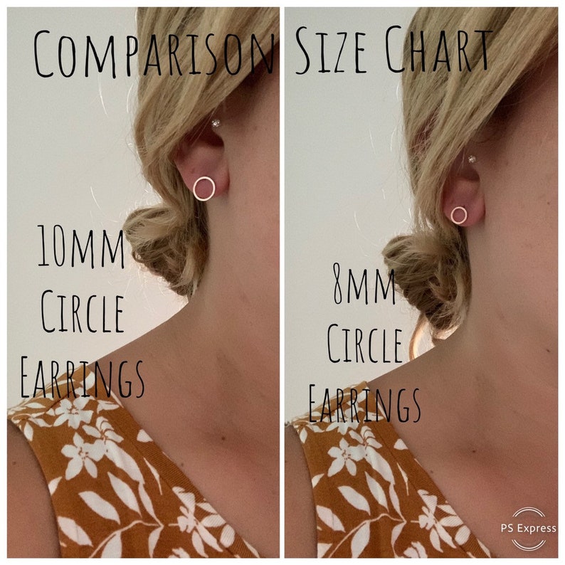 May include: Comparison size chart for circle earrings. The image shows two women wearing earrings, one with 10mm circle earrings and the other with 8mm circle earrings.