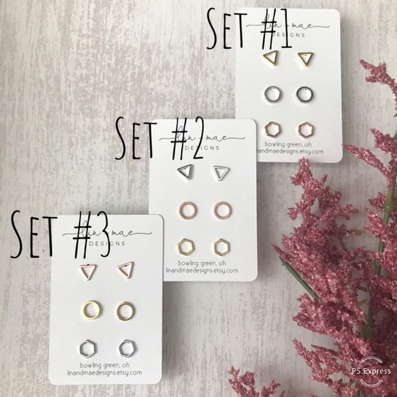 Tiny Geometric Earring Studs Set // Rose Gold // Silver // Triangle Circle Hexagon // Dainty Earrings // Plated // Bridesmaid Earrings image 3