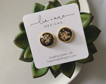 Gold Leaf Earrings // Gold Leaf Faceted Cabochons //Light Pink + Brown + Navy // Gold Earring Studs // Handmade