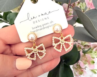 Pearly Bow Earrings // Lightweight Gold Bow Charm with Pearls
