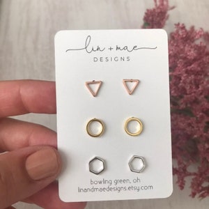 Tiny Geometric Earring Studs Set // Rose Gold // Silver // Triangle Circle Hexagon // Dainty Earrings // Plated // Bridesmaid Earrings image 2