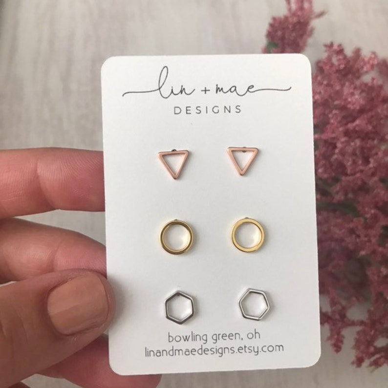 Tiny Geometric Earring Studs Set // Rose Gold // Silver // Triangle Circle Hexagon // Dainty Earrings // Plated // Bridesmaid Earrings image 2