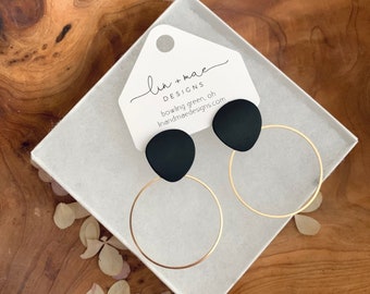 Gold + Black Hoops// Dainty Geometric Black Matte Triangle + Gold Hoops // Modern Earrings// Hoop Earrings