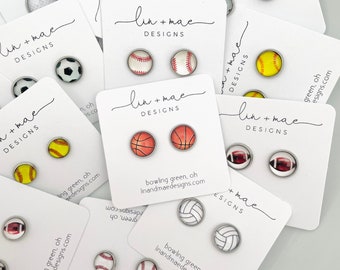 Sports Collection // Glass Earring Studs // Handmade Earrings // Silver + Gold + Rose Gold  // Baseball Basketball Soccer Softball Football