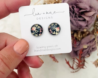 Floral Earring Studs // Stainless Steel Posts // Black + Rose Wildflower Earrings