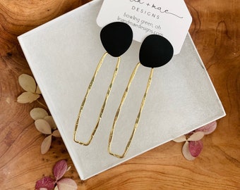 Gold + Black Long Hoops// Dainty Geometric Black Matte Triangle + Gold Hoops // Modern Earrings// Hoop Earrings