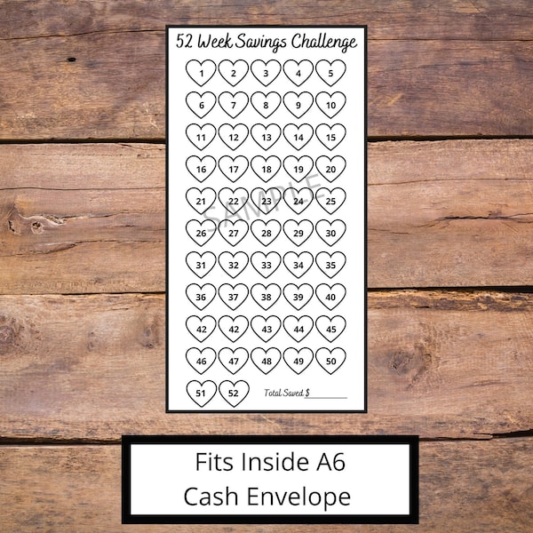 52 Week Savings Challenge Hearts Insert | Printable | Cash Envelopes Insert | Budget Binder | A6 Envelope Size