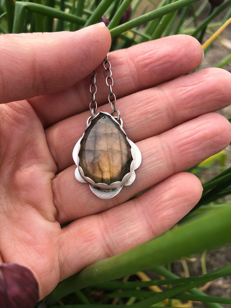 Brushed and Antiqued Sterling SIlver with flashy Labradorite