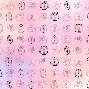 Può includere: Un motivo di illustrazioni a tratto nero su uno sfondo acquerello rosa e viola. Le illustrazioni includono forme di vulva stilizzate, rose e orchidee. Alcune forme di vulva sono incorniciate con foglie.
