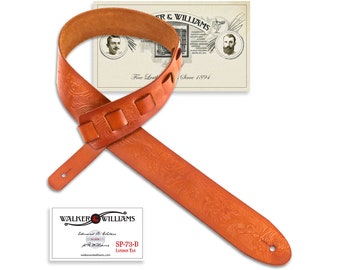 Saddle Tan Premium Italian Leather Guitar Strap with Live Oak Tooling Walker & Williams SP-73