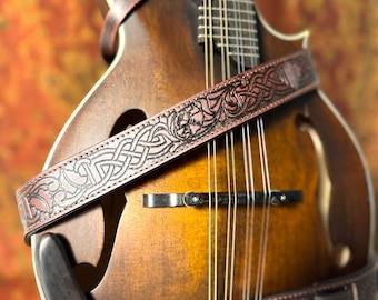 Walker And Williams M-20-RD Mahogany Red Leather Premium Padded Mandolin Strap With Celtic Chain Design For F And A Type Mandolins