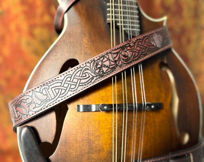 Walker And Williams M-20-RD Mahogany Red Leather Premium Padded Mandolin Strap With Celtic Chain Design For F And A Type Mandolins