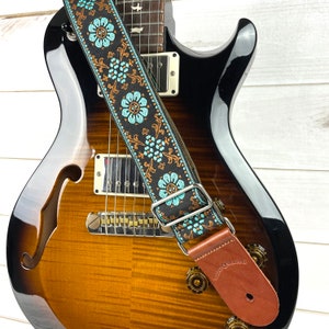 Walker and Williams H-41 Vintage Style Plush Back Aqua Blue Mandala Guitar Strap w/Leather Ends For Acoustic, Electric, And Bass Guitars