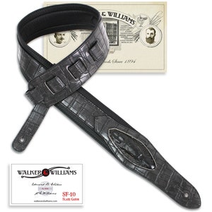 Walker And Williams SF-07 Slate Gray Alligator Pattern Guitar Strap with Gator Head And Padded Strap For Acoustic, Electric And Bass Guitars