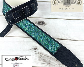 Walker And Williams GL-100 Dark Ocean Black And Blue Glitter bomb Padded Guitar Strap With White Glove Leather Back For All Guitars.