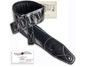 Walker and Williams B4B-BLK-XL Extra Long 4” Wide Black Leather Padded Guitar Strap - Up To 58" For Acoustic, Electric, And Bass Guitars