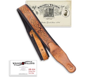 Walker & Williams GB-104 Latigo Tan Padded Leather Guitar Strap with Live Oak Tooling Pattern