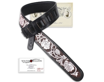 Walker And Williams LHR-17-SIL Gloss Black Premium Leather Strap w/Silver On Bourbon Floral Carving