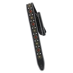Pu&ograve; includere: Cinturino per chitarra in pelle nera con cuciture bianche e dettagli decorativi. Il cinturino presenta un motivo ripetitivo di borchie dorate, punti bianchi e forme di diamanti rossi e dorati.