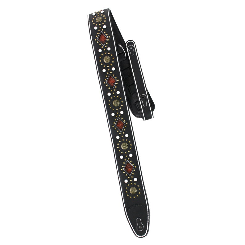 Pu&ograve; includere: Cinturino per chitarra in pelle nera con cuciture bianche e dettagli decorativi. Il cinturino presenta un motivo ripetitivo di borchie dorate, punti bianchi e forme di diamanti rossi e dorati.