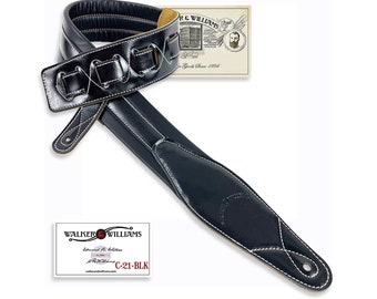 Walker & Williams C-21-BLK Black Premium Grade Grain Leather Center Strip Padded Guitar Strap For Acoustic, Electric, And Bass Guitars
