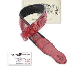 Deep Red Leather Padded Guitar Strap with Embossed Western Tooling Walker & Williams G-116