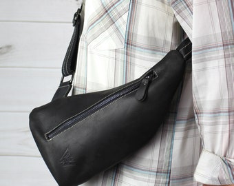 Charcoal Black Thick Premium Leather Musician’s Powderhorn Sling Bag Walker & Williams PH-PB-BLK