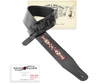 Walker & Williams CVG-103 Black Leather Padded Guitar Strap with Hand Tooled Celtic Tribal Design For Acoustic, Electric, And Bass Guitars