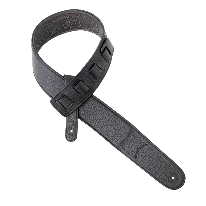 Black Weathered Leather Padded Guitar Strap with Overall Tooling Walker & Williams LIF-02 image 5