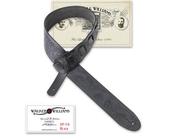 Black Premium Italian Leather Guitar Strap with Live Oak Tooling Walker & Williams SP-74