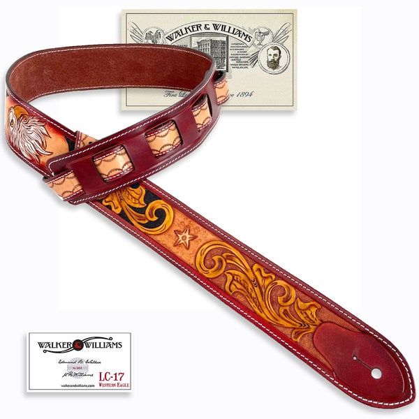 Walker & Williams LC-17 100% Hand Made Premium Leather Guitar Strap with Hand Tooled Western Eagle Design, For All Guitars