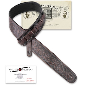 Dark Brown “Weathered" Leather Padded Guitar Strap with Overall Tooling Walker & Williams LIF-03