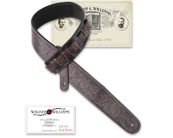 Dark Brown “Weathered" Leather Padded Guitar Strap with Overall Tooling Walker & Williams LIF-03