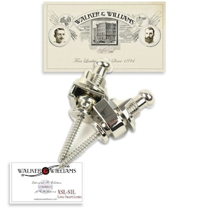May include: Two silver guitar strap locks with long shafts and a screw. The strap locks are on a white background with a business card that reads "Walker & Williams, Established 1894, XSL-SIL Long Shaft Locks".