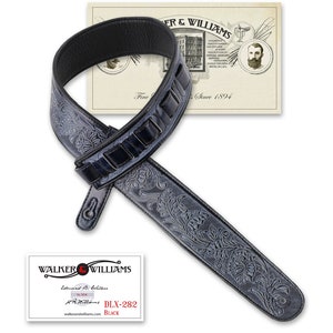Walker & Williams DLX-282 Black Leather Padded Guitar Strap with Western Sheridan Style Tooling For Acoustic, Electric, And Bass Guitars