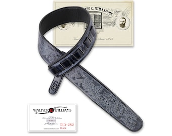 Black Leather Padded Guitar Strap with Overall Tooling Walker & Williams DLX-282