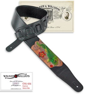Walker And Williams CVG-161 Hand Tooled Koi Fish Green on Black Leather Guitar Strap For Acoustic, Electric, And Bass Guitars