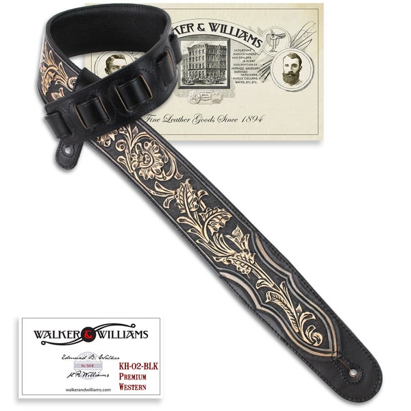 Walker And Williams KH-02-BLK-PR Simple Black Carving Leather Top w/Tooled Floral Vine & Premium Leather Backing