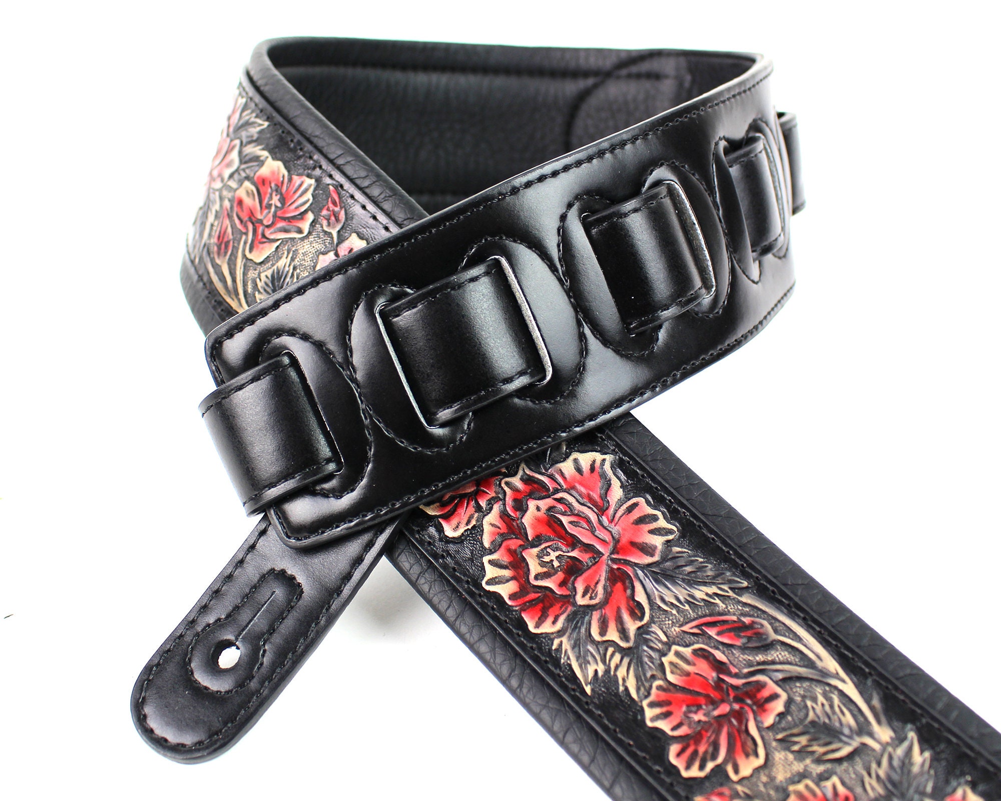 ★komorebi museum★ KM221 Handmade Leather Pin Buckle Strap Walker and Williams KB-14 Gloss Black Guitar Strap W/carved