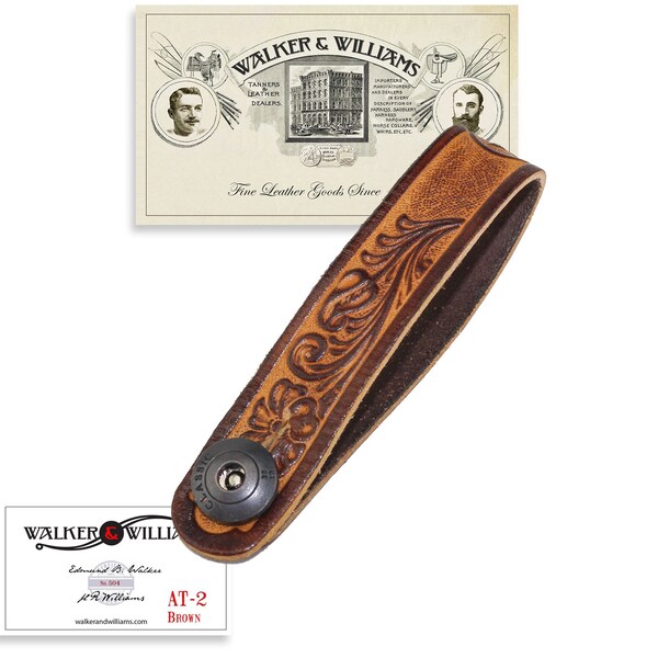 Acoustic Guitar, Mandolin or Uke Strap Headstock Adapter Tooled Brown Leather Walker & Williams AT-2