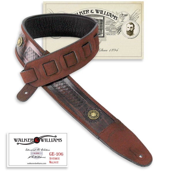 Walker & Williams GE-106 Antique Walnut Brown Leather and Suede Tooled Padded Guitar Strap with Brass Conchos For Acoustic, Electric Guitars