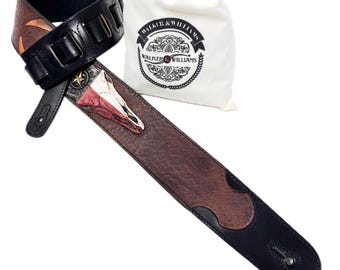 Walker And Williams LHR-32 Black Premium Leather Guitar Strap w/Bull Skull And Texas Star Carving For All Guitars And Basses