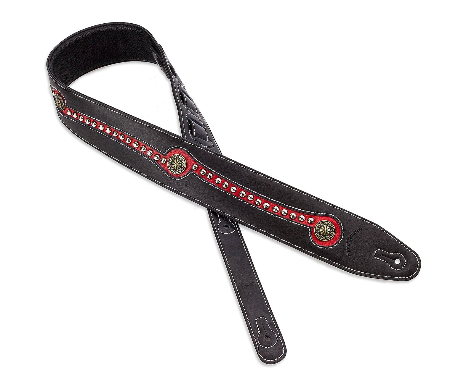 Black and Red Premium Top Grain Leather Guitar Strap With Black and Red Premium Top Grain Leather Guitar Strap With