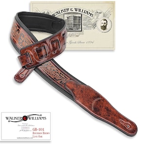Walker & Williams GB-101 Bourbon Brown Padded Leather Strap with Live Oak Tooling Pattern