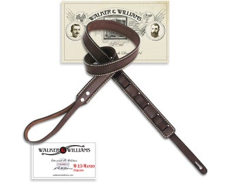 Walker And Williams M-13 Premium Hickory Brown 100% Grain Leather Mandolin, Mandola, Bouzouki or Uke Strap For F And A Type Mandolins